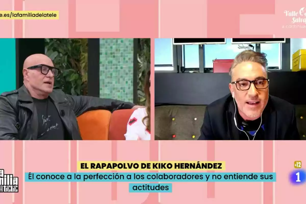 Kiko Hernández y Kiko Matamoros conversan en La Familia de la Tele con un fondo colorido y un texto que menciona un comentario crítico de Kiko Hernández sobre los colaboradores. Kiko Hernández y Kiko Matamoros conversan en La Familia de la Tele con un fondo colorido y un texto que menciona un comentario crítico de Kiko Hernández sobre los colaboradores.