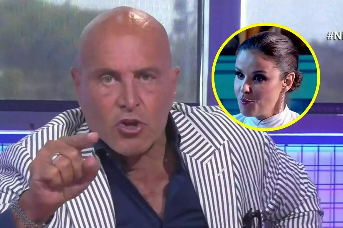 Kiko Matamoros calvo con una chaqueta de rayas blancas y negras señala con el dedo mientras habla, con la imagen de Marta Torné en Babylon Show en un círculo amarillo en la esquina superior derecha.