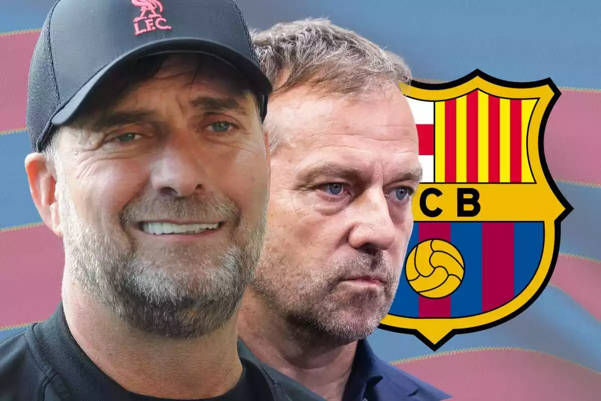 Jürgen Klopp junto a Hans Flick y un escudo del FC Barcelona