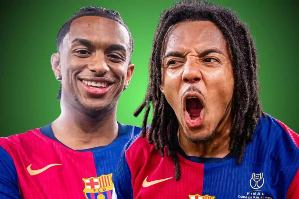 Dos jugadores de fútbol con camisetas del FC Barcelona posan frente a un fondo verde, uno sonríe y el otro muestra una expresión de emoción.