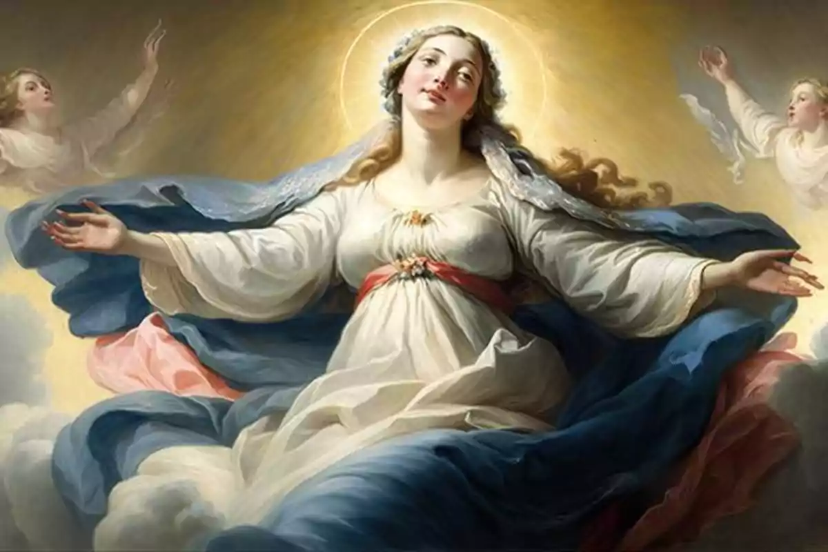 Pintura de una figura femenina con halo rodeada de ángeles en un entorno celestial.