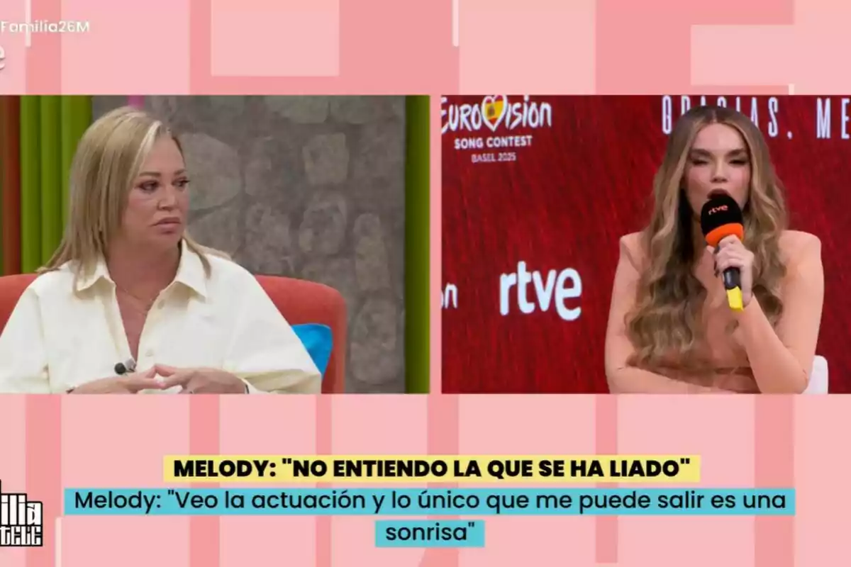 Dos mujeres aparecen en pantalla dividida durante La Familia de la Tele, Belén Esteban está sentada en un sillón naranja y Melody sostiene un micrófono con el logo de rtve, en la parte inferior hay un recuadro con frases destacadas de una entrevista a Melody Dos mujeres aparecen en pantalla dividida durante La Familia de la Tele, Belén Esteban está sentada en un sillón naranja y Melody sostiene un micrófono con el logo de rtve, en la parte inferior hay un recuadro con frases destacadas de una entrevista a Melody