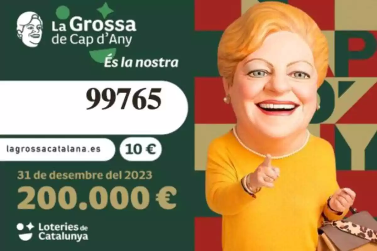 Imágen de una señora con la cabeza muy grande y en el fondo un billete de lotería de la Grossa