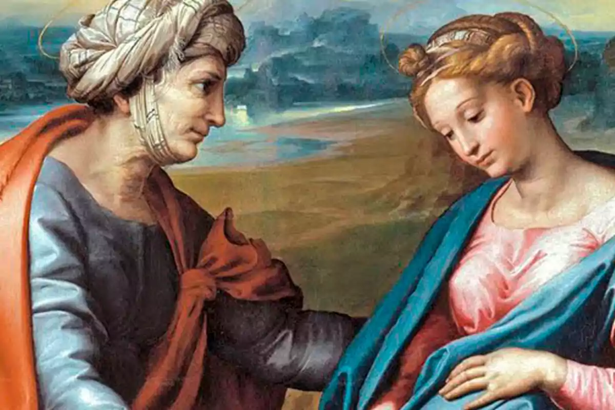 Una pintura renacentista muestra a dos figuras femeninas con vestimentas clásicas y halos sobre sus cabezas en un paisaje sereno.