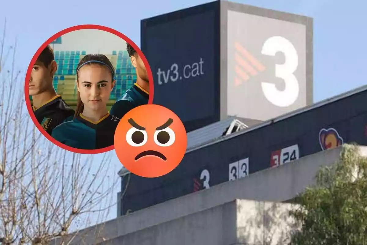 imagen de las oficinas de tv3 con un círculo con la imagen de la serie l'acadèmia y un emoji enfadado
