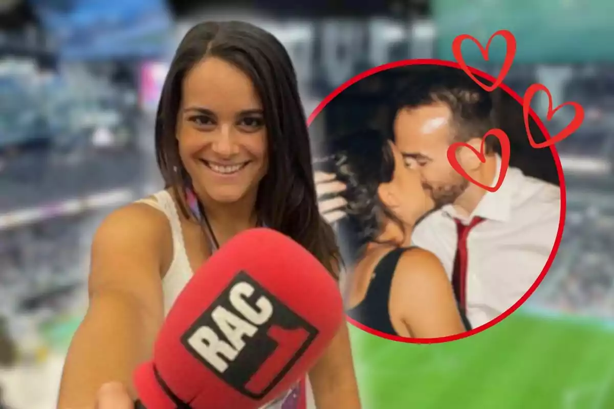 Mujer sosteniendo un micrófono de RAC1 con una imagen de ella besando a un hombre en un círculo rojo con corazones.