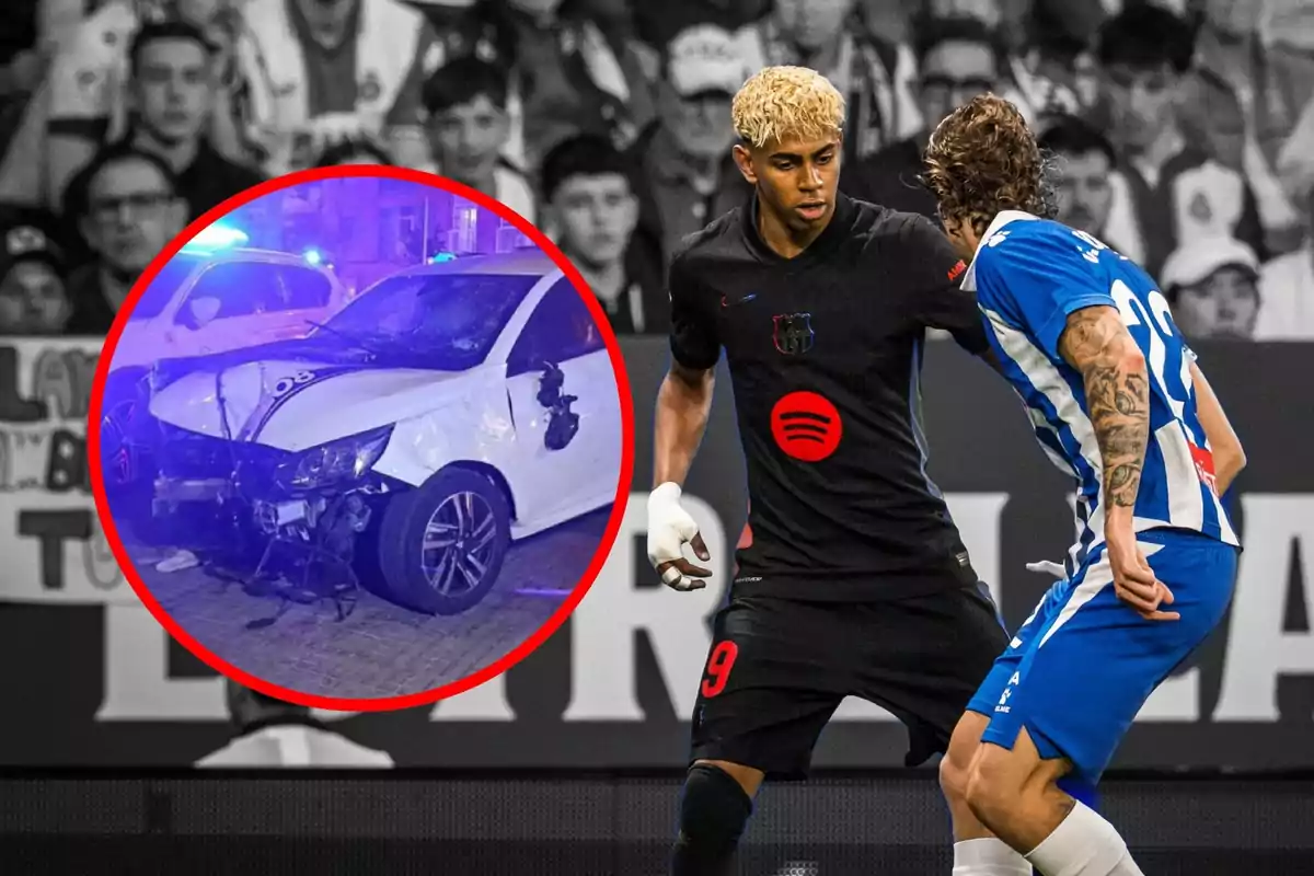 Un jugador de fútbol con uniforme negro compite en un partido mientras una imagen circular superpuesta muestra un coche blanco dañado en un accidente.