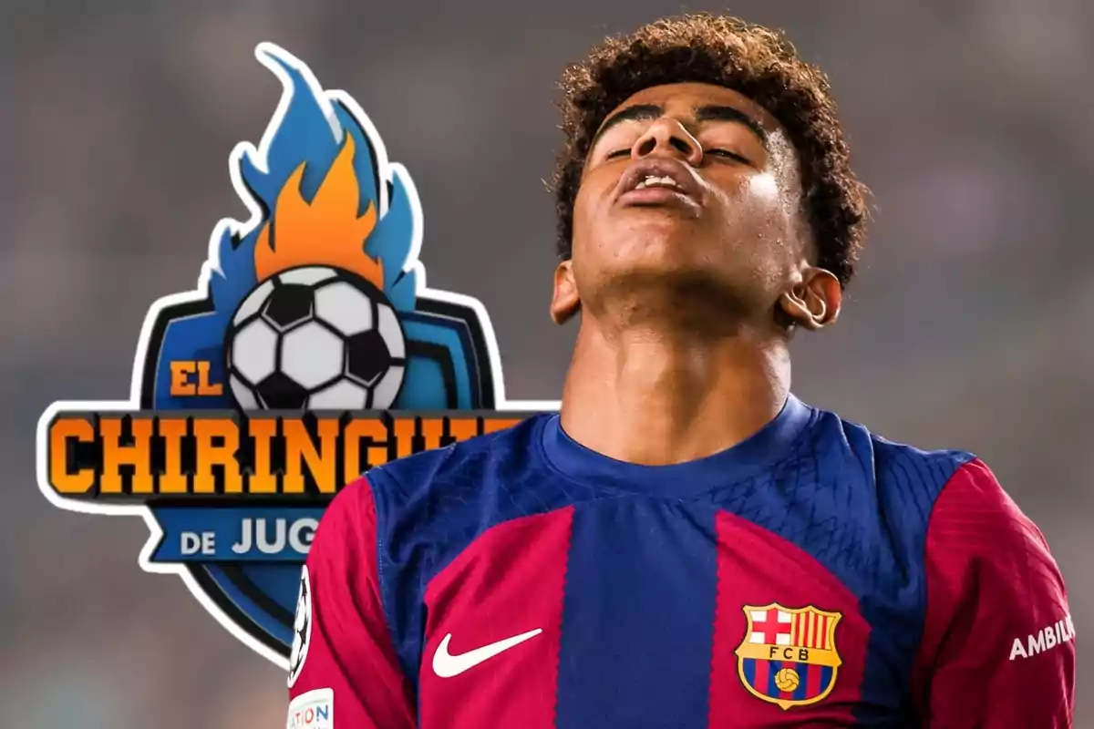 Un jugador de fútbol con la camiseta del FC Barcelona levanta la cabeza con una expresión de frustración frente al logo de "El Chiringuito de Jugones".