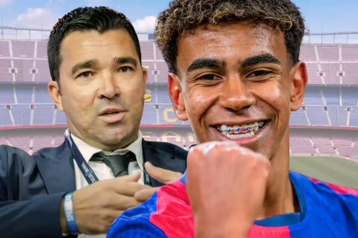 Dos hombres en un estadio de fútbol uno de ellos sonríe y muestra aparatos dentales de colores mientras el otro viste traje y parece estar hablando
