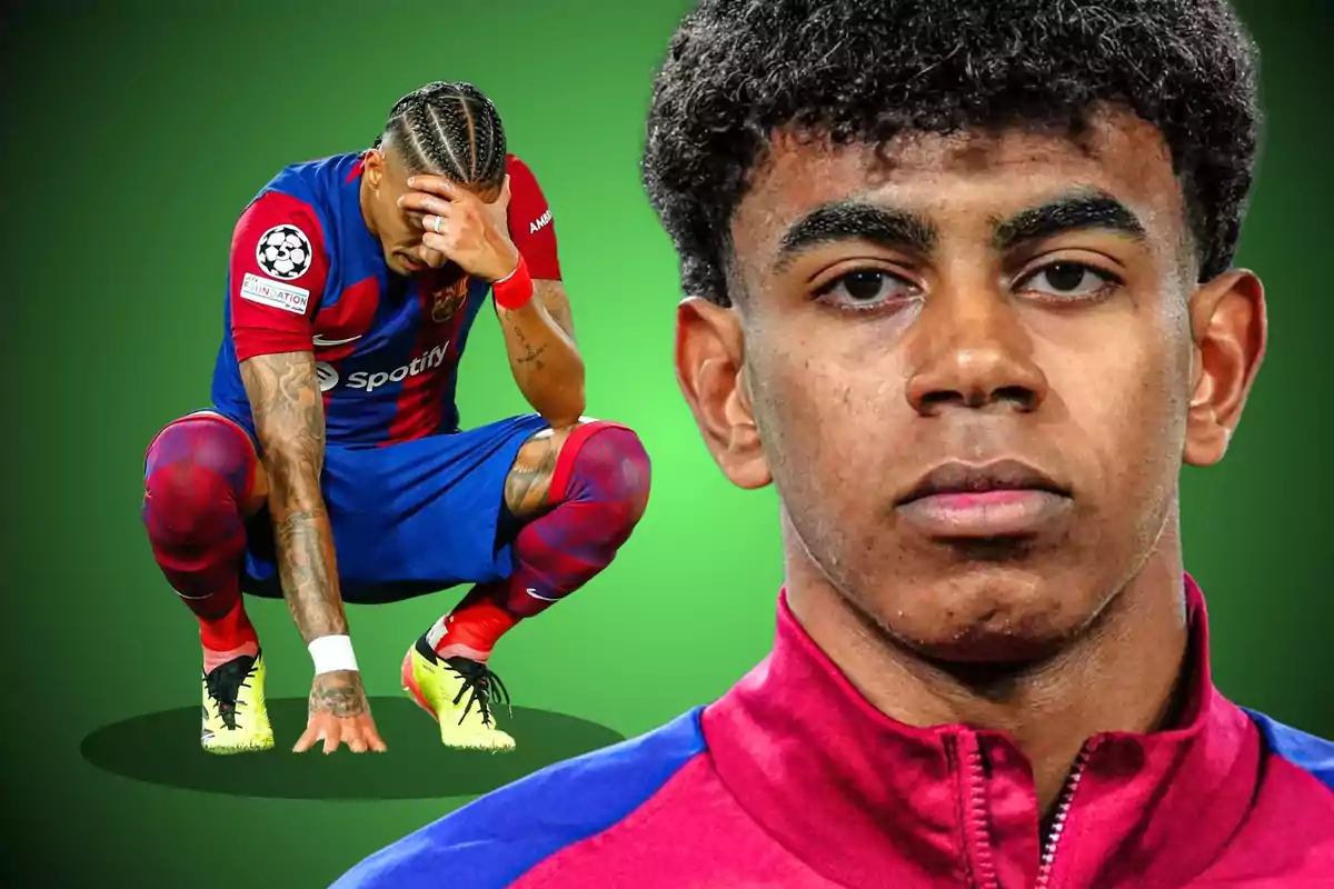 Dos jugadores de fútbol con uniforme del Barcelona, uno agachado con la mano en la cabeza y otro en primer plano con expresión seria, sobre un fondo verde.
