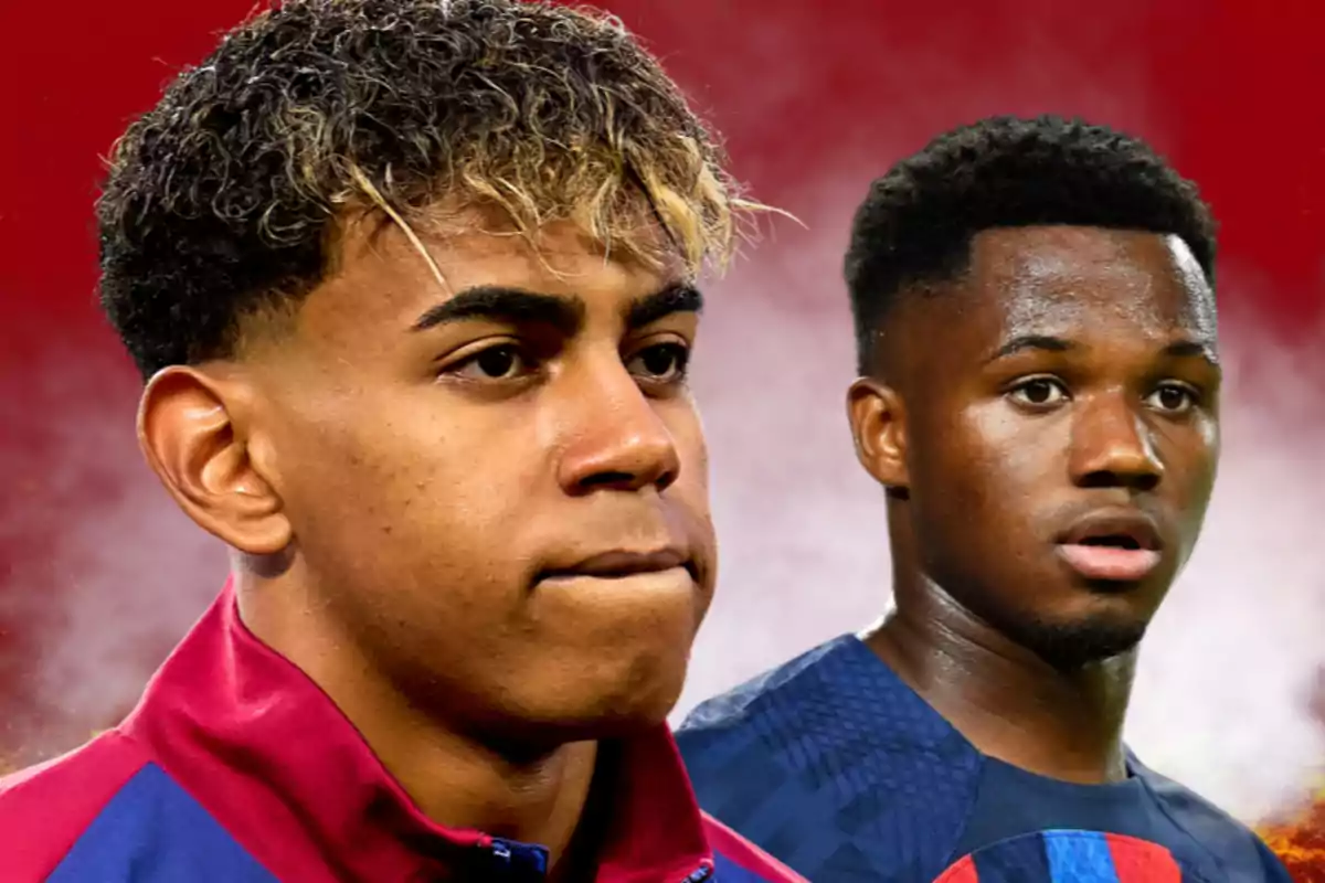 Dos jóvenes futbolistas con expresión seria y fondo rojo difuminado