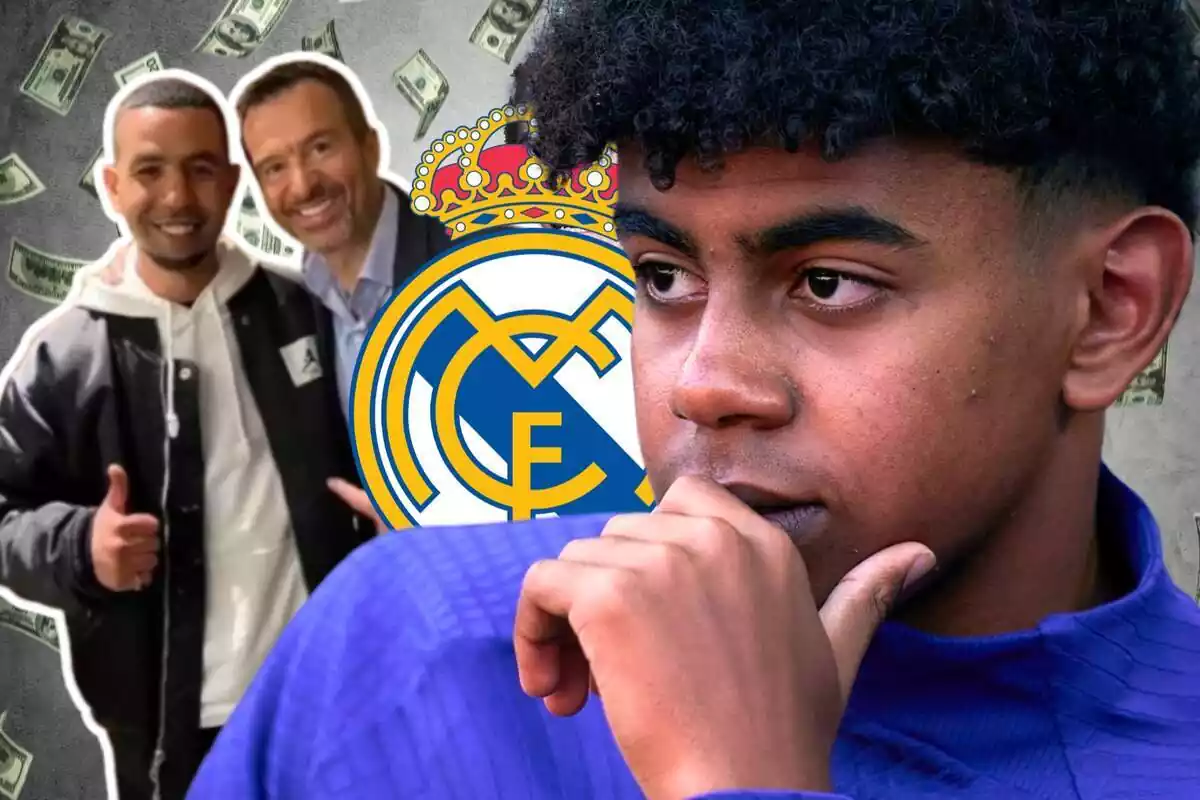 Lamine Yamal mira con cara de incredulidad a su padre con Jorge Mendes y un escudo del Real Madrid al lado