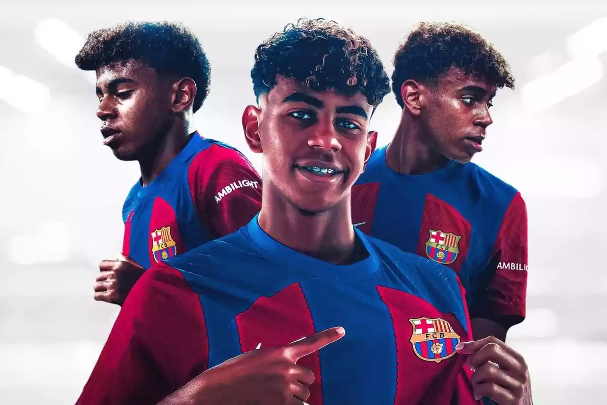 Lamine Yamal en varias imágenes con la camiseta del FC Barcelona