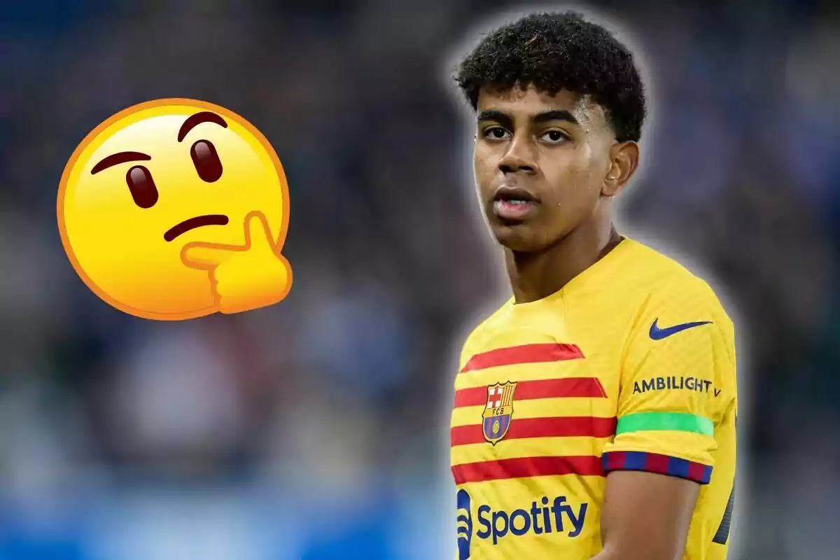 Un jugador de fútbol con la camiseta del FC Barcelona y un emoji pensativo al lado.