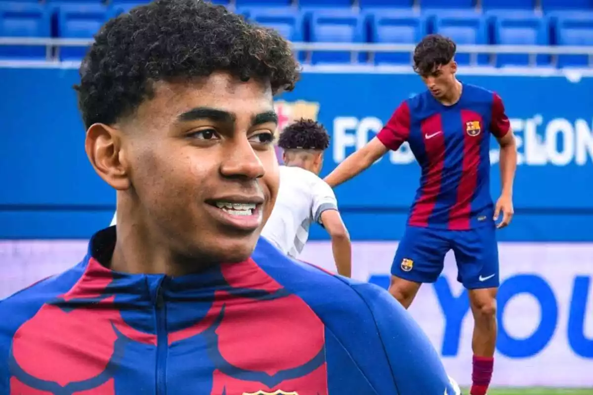 El futbolista del primer equipo del Barça Lamine Yamal en primer plano junto a una foto de su mejor amigo Guille Fernández, del Juvenil A culer y de tan solo 15 años de edad.