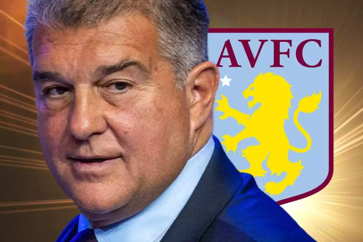 Joan Laporta mirando al frente con el escudo del Aston Villa detrás