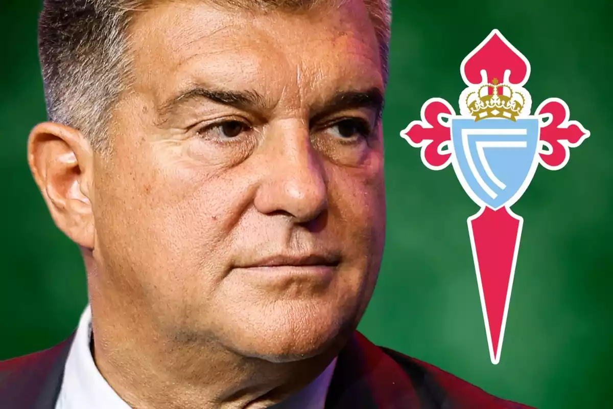 Joan Laporta mirando a un escudo del Celta de Vigo