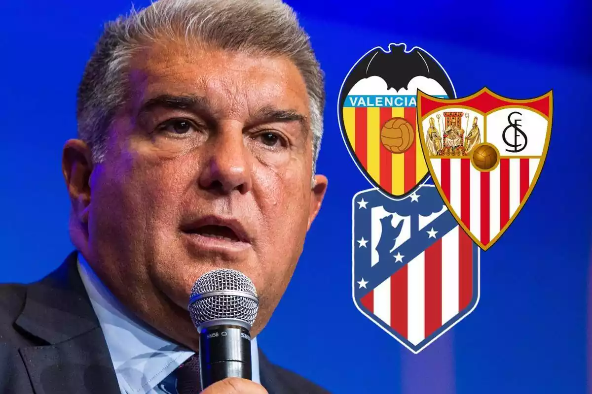 Joan Laporta con los escudos de Sevilla, Valencia y Atlético de Madrid a su lado