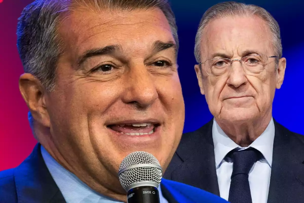 Joan Laporta con una gran sonrisa y un micrófono junto a Florentino Pérez