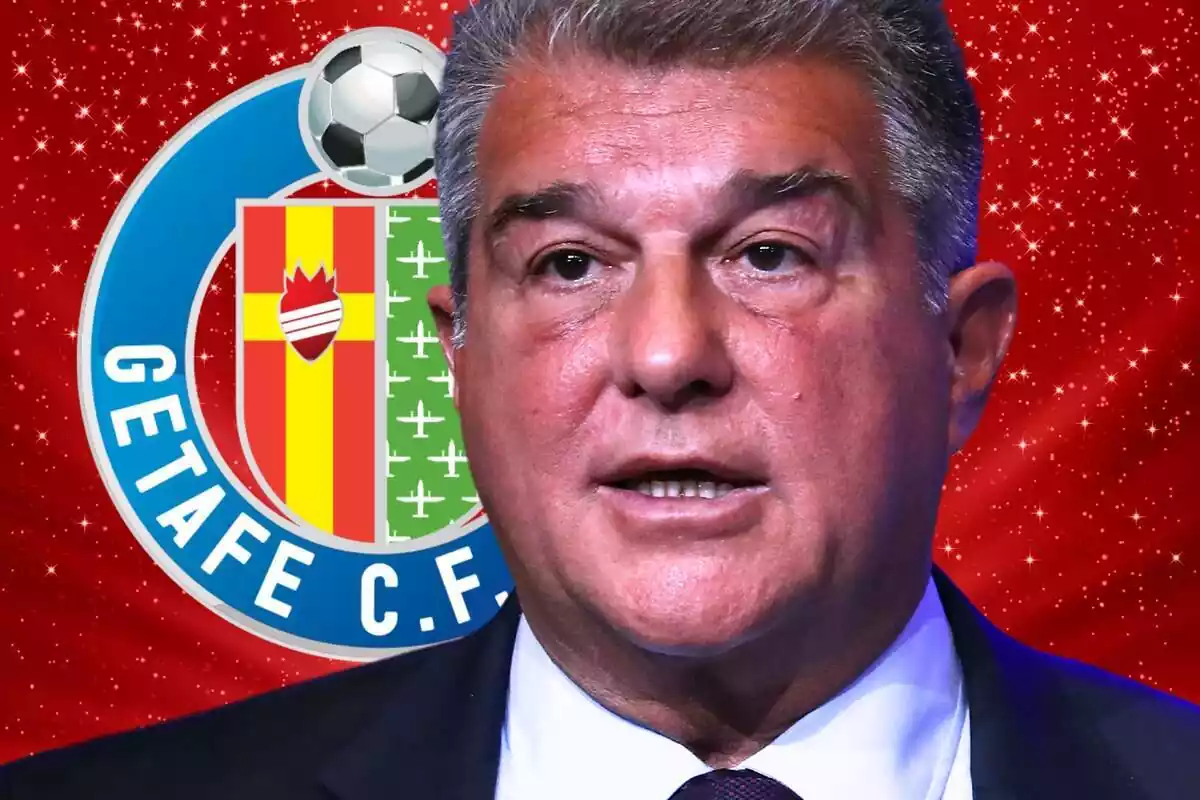 Joan Laporta con el rostro serio y el escudo del Getafe a un costado