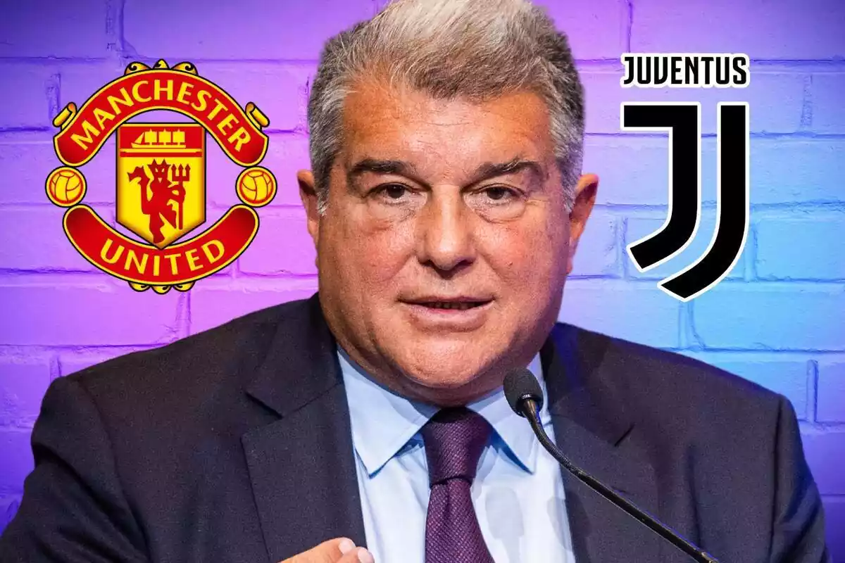 Joan Laporta hablando por micrófono con los escudos del Manchester United y la Juventus