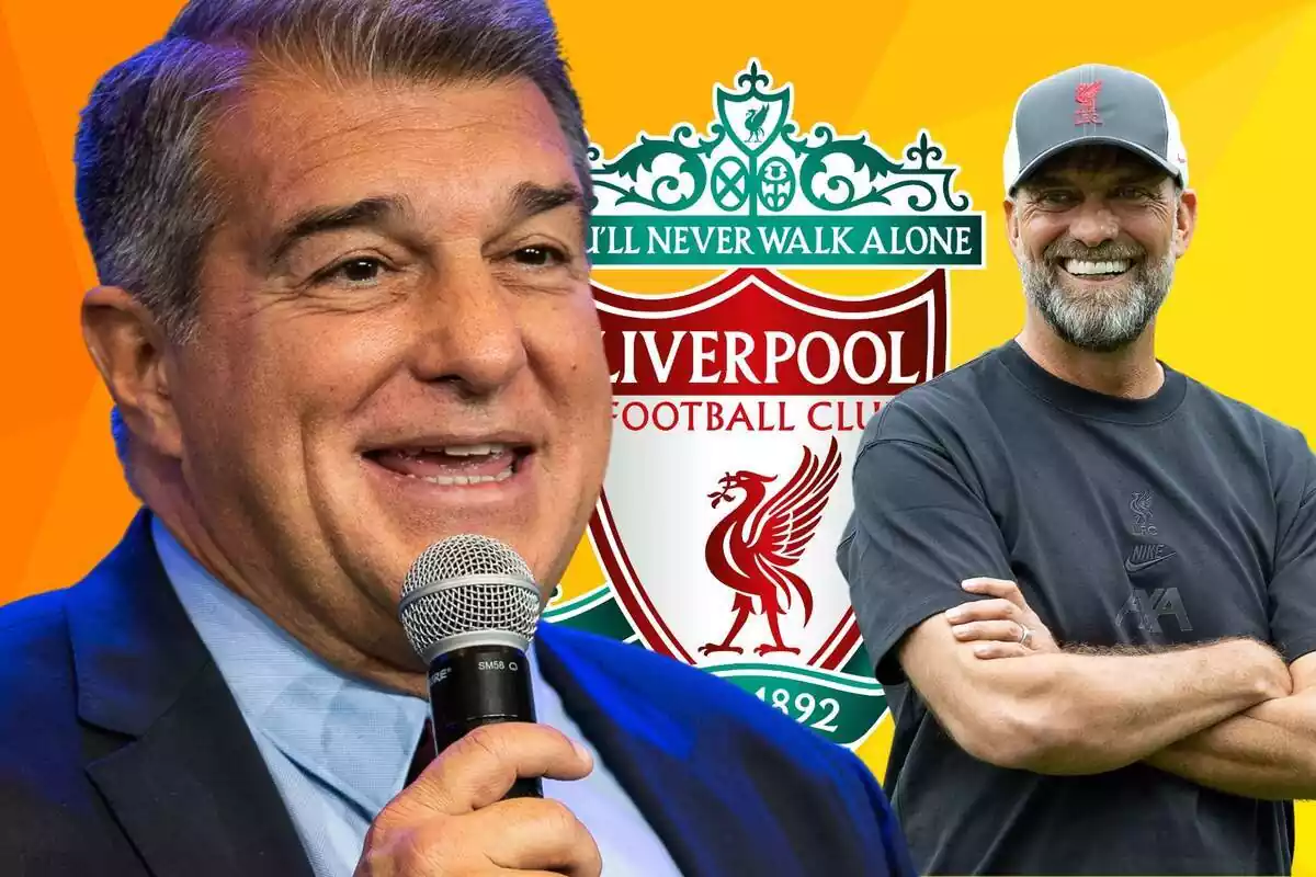 Joan Laporta con un micrófono en la mano junto a Jürgen Klopp y el escudo del Liverpool