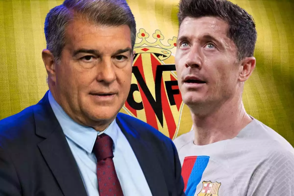 Robert Lewandowski y Joan Laporta sobre una bandera con el escudo del Villarreal