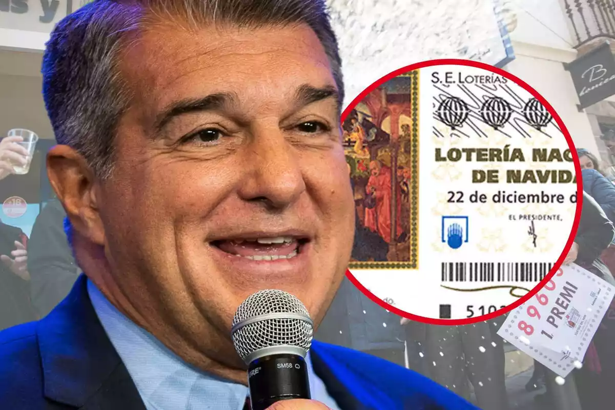 Joan Laporta con un micrófono en la mano y un décimo de Navidad recortado a su lado