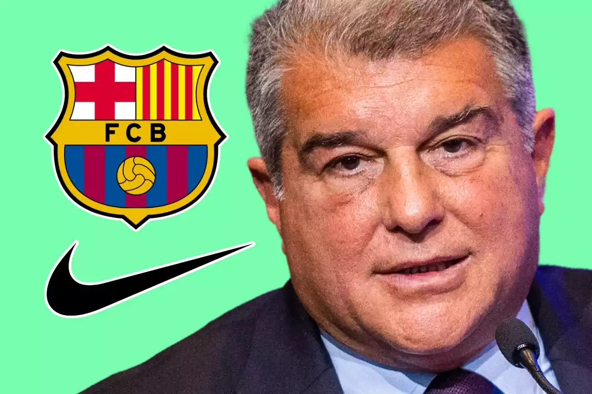Joan Laporta preocupado al lado del escudo del FC Barcelona y el logo de Nike