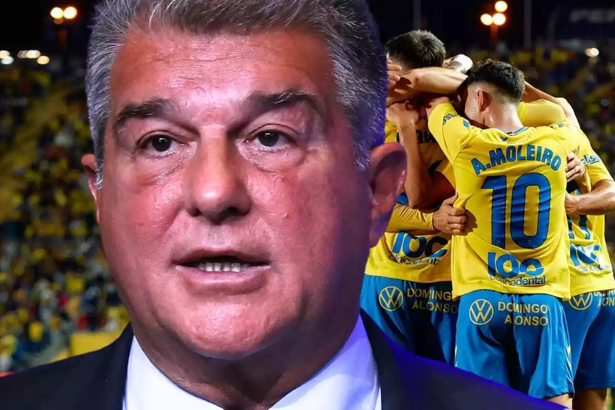 Joan Laporta mira al frente con los jugadores de la UD Las Palmas celebrando un gol al fondo