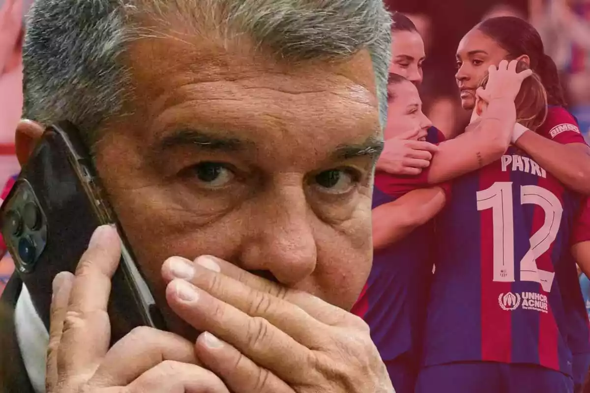 Joan Laporta hablando por teléfono mientras se tapa la boca junto a Patri Guijarro abrazando a las jugadoras del FC Bareclona