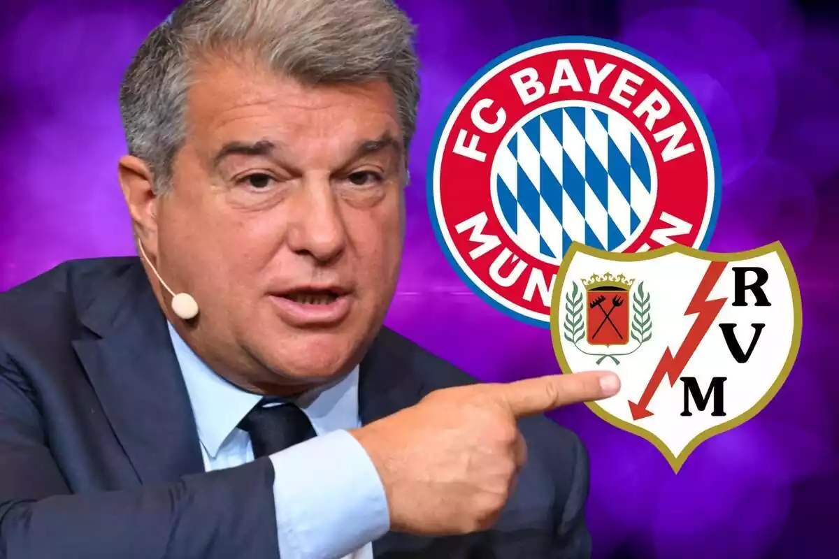 Joan Laporta señala con el dedo al escudo del Rayo Vallecano y del Bayern de Múnich