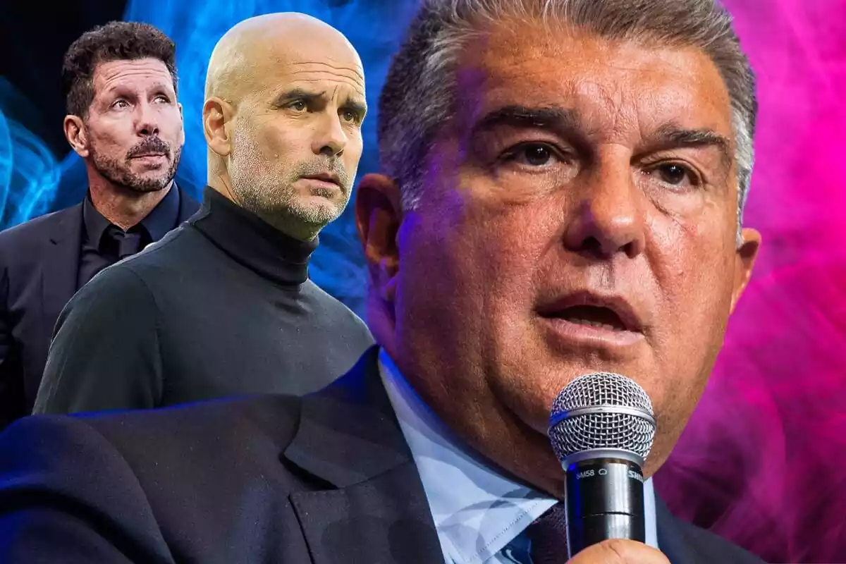 Joan Laporta en primer plano con Simeone y Pep Guardiola al fondo