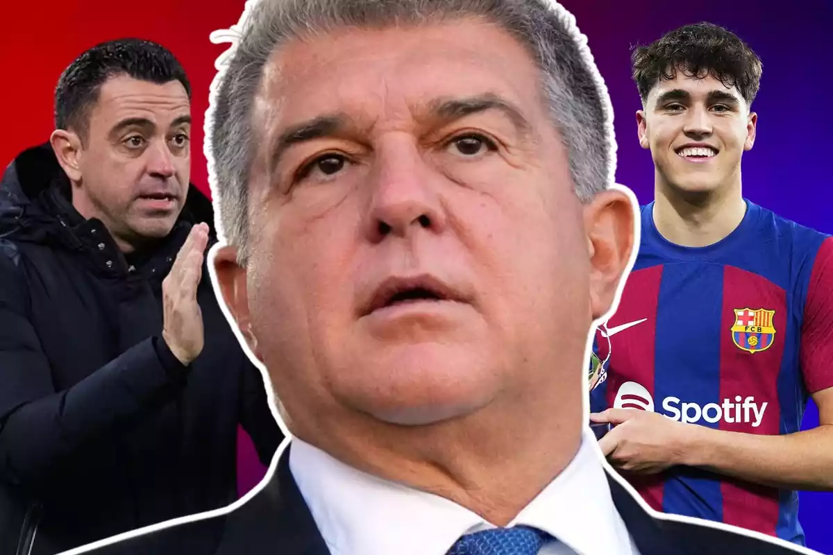 Joan Laporta rodeado por una silueta de color blanco con Xavi Hernñandez y Pau Cubarsí al fondo