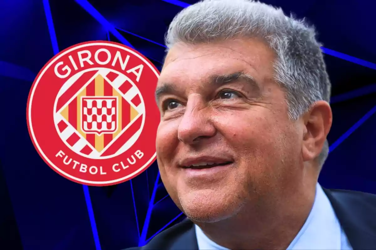 Hombre sonriendo con el logo del Girona Futbol Club en el fondo.