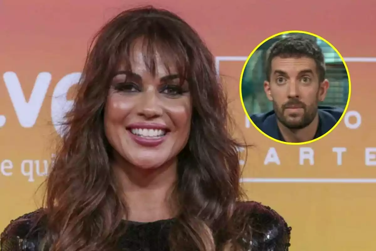 Lara Álvarez sonriente con cabello largo y oscuro en un evento con fondo naranja y un recuadro que muestra a David Broncano con barba y cabello corto en La Revuelta.