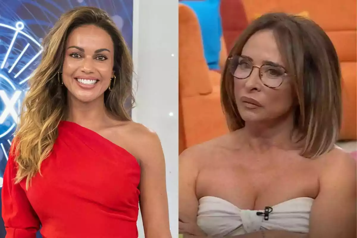 Lara Álvarez y María Patiño posan en diferentes ambientes, una sonríe con un vestido rojo de un solo hombro y la otra lleva gafas y un top blanco, con expresión seria.