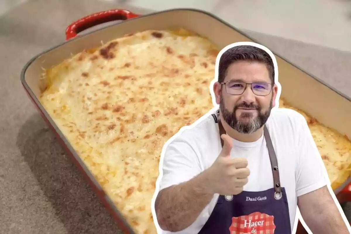 Montaje con imagen de una lasaña de gambas y, en primer plano, imagen del chef Dani García sonriendo y con un pulgar hacia arriba