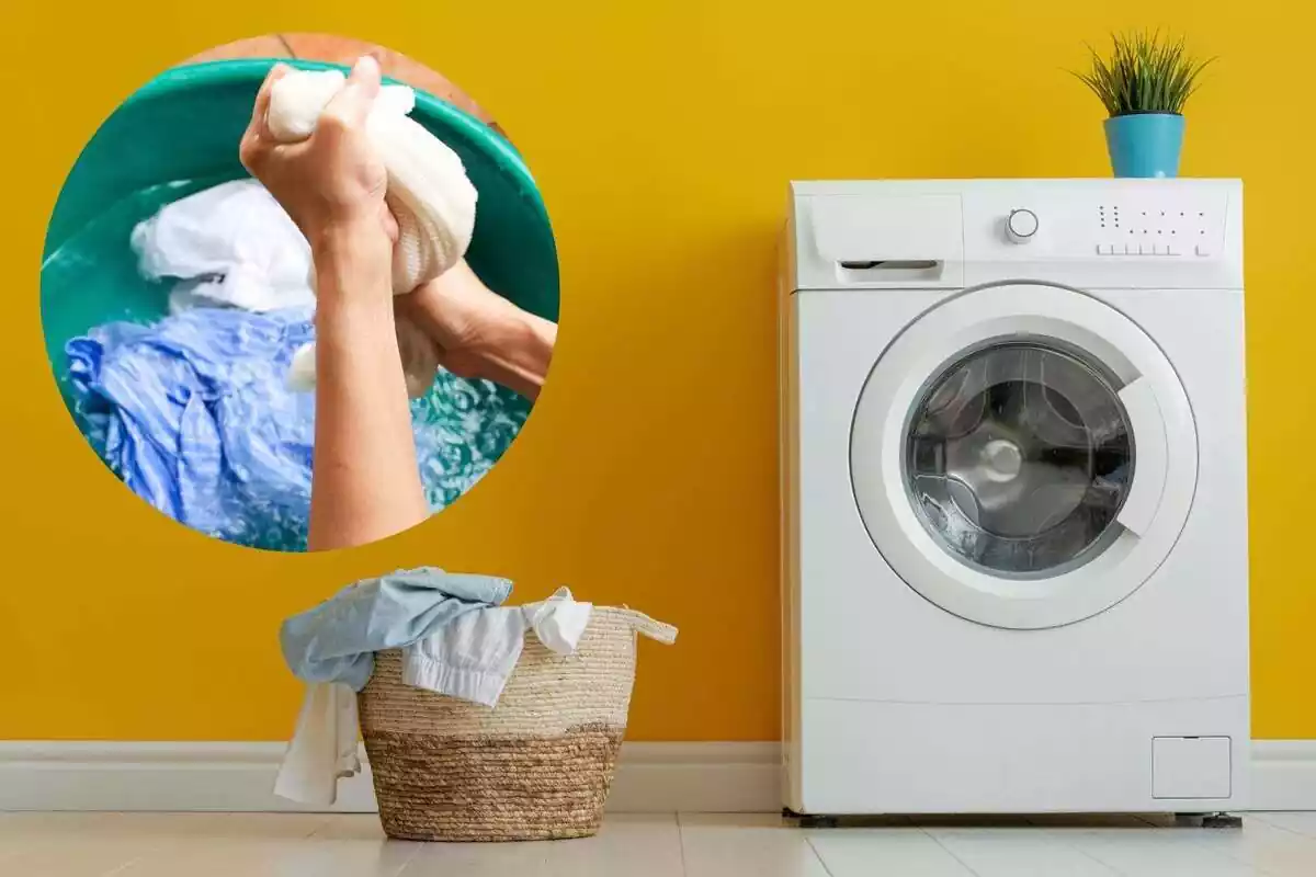 Montaje de una lavadora con un cesto de ropa sucia y una persona lavando ropa a mano