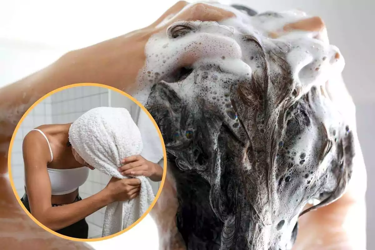 Una persona lavándose el pelo con otra imagen de otra persona secándose el pelo con una toalla