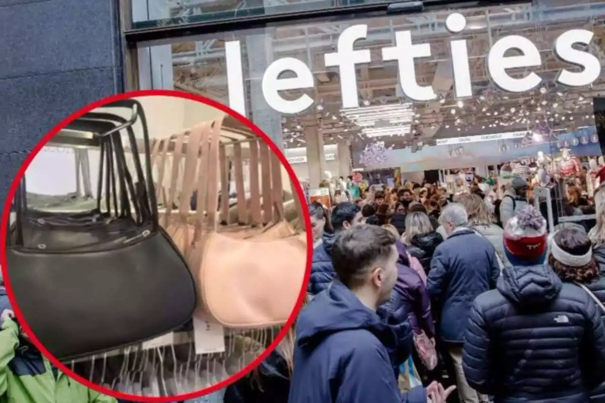 Imagen de fondo de una tienda Lefties y otra imagen de un bolso de la misma marca en dos colores distintos, negro y beige