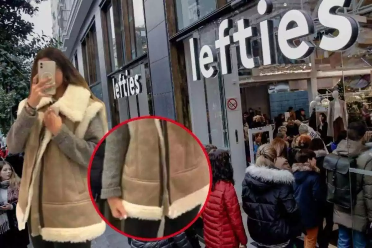 Imagen de fondo de una tienda Lefties con personas haciendo cola y otras dos imágenes de una persona posando con un chaleco de la marca en color marrón con pelo