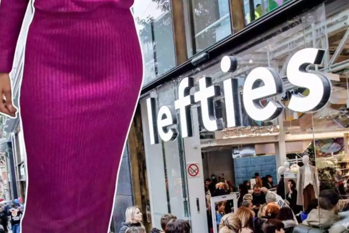 Imagen de fondo de una tienda Lefties con su logo y otra imagen de una persona posando con una falda larga en tono fucsia de la marca