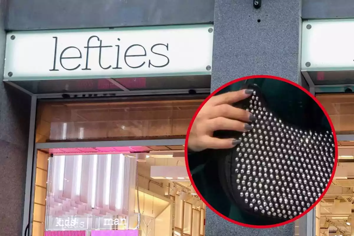 Imagen de fondo de una tienda Lefties y otra de un bolso de la marca con brillantes