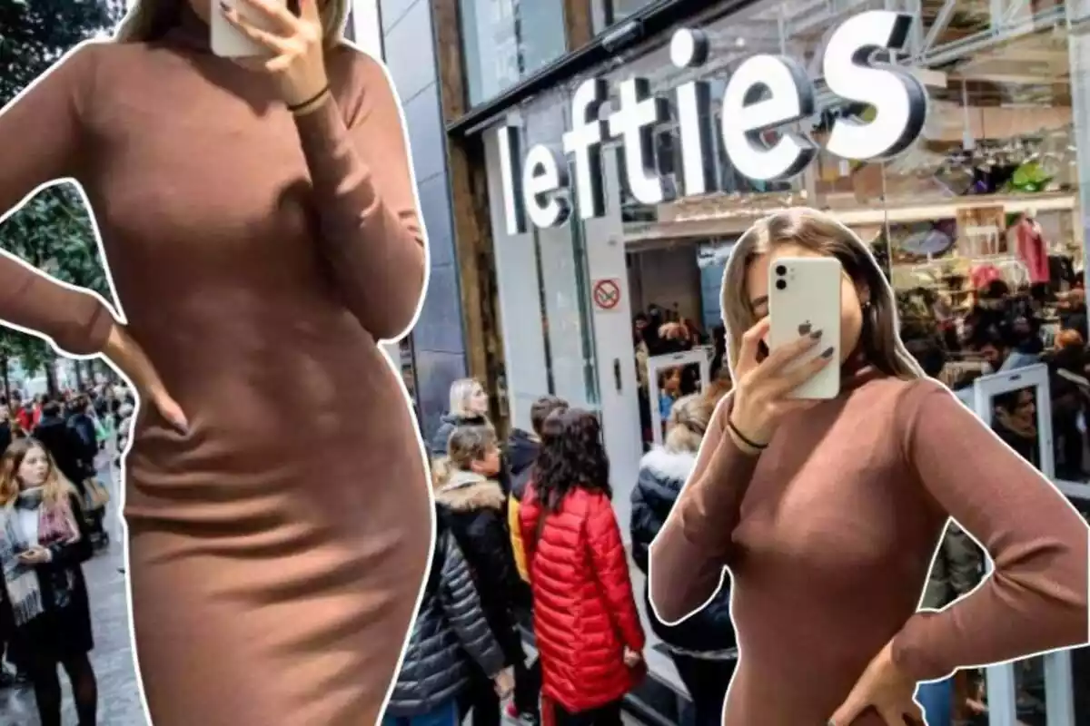 Imagen de fondo de una tienda Lefties y dos imágenes de una persona posando con un vestido marrón de la marca