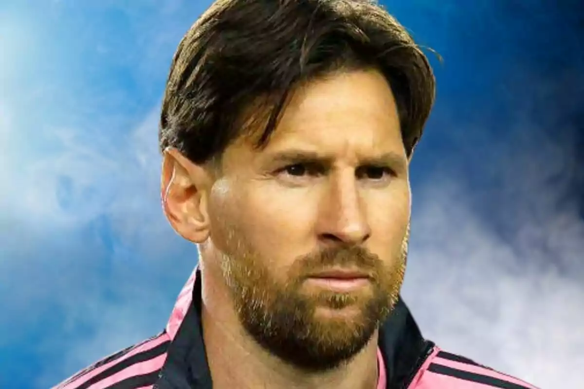 Hombre con barba y cabello castaño usando chaqueta deportiva rosa y negra con fondo azul difuminado