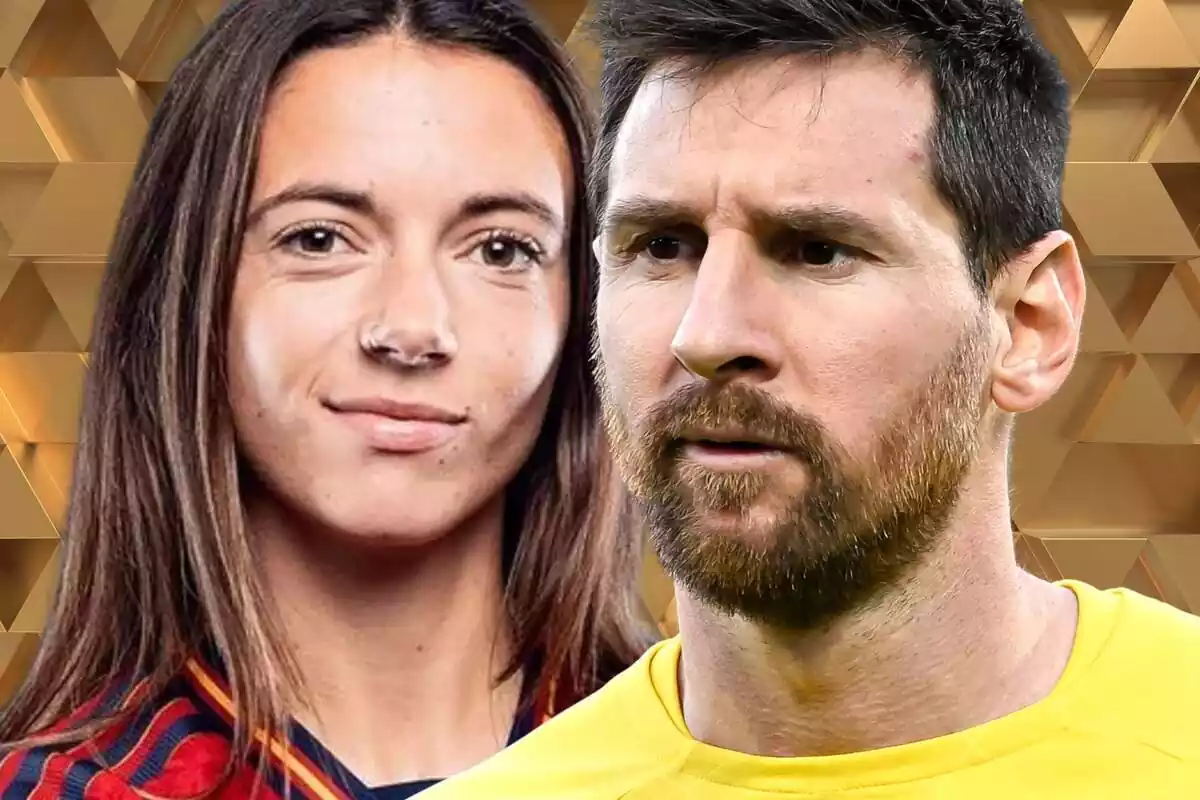 Leo Messi al lado de Aitana Bonmatí sobre un fondo dorado