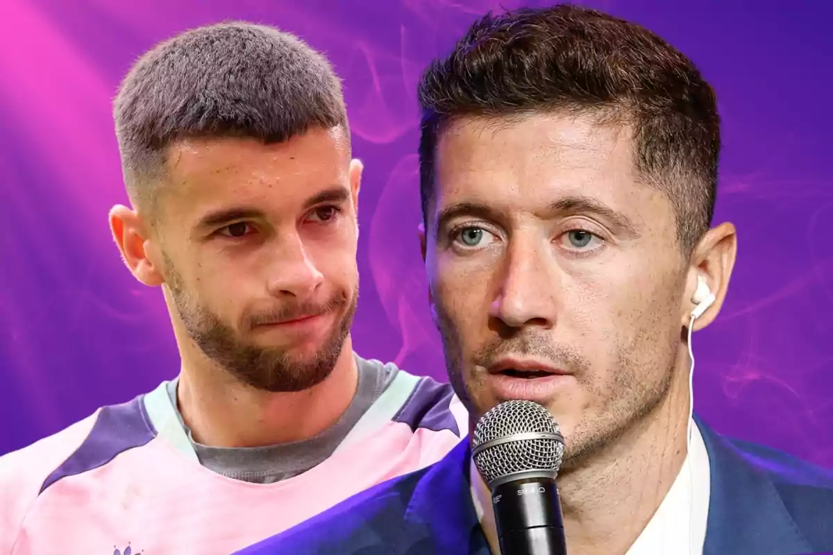 Dos hombres en primer plano con fondo morado, uno lleva auriculares y sostiene un micrófono, el otro viste una camiseta deportiva.