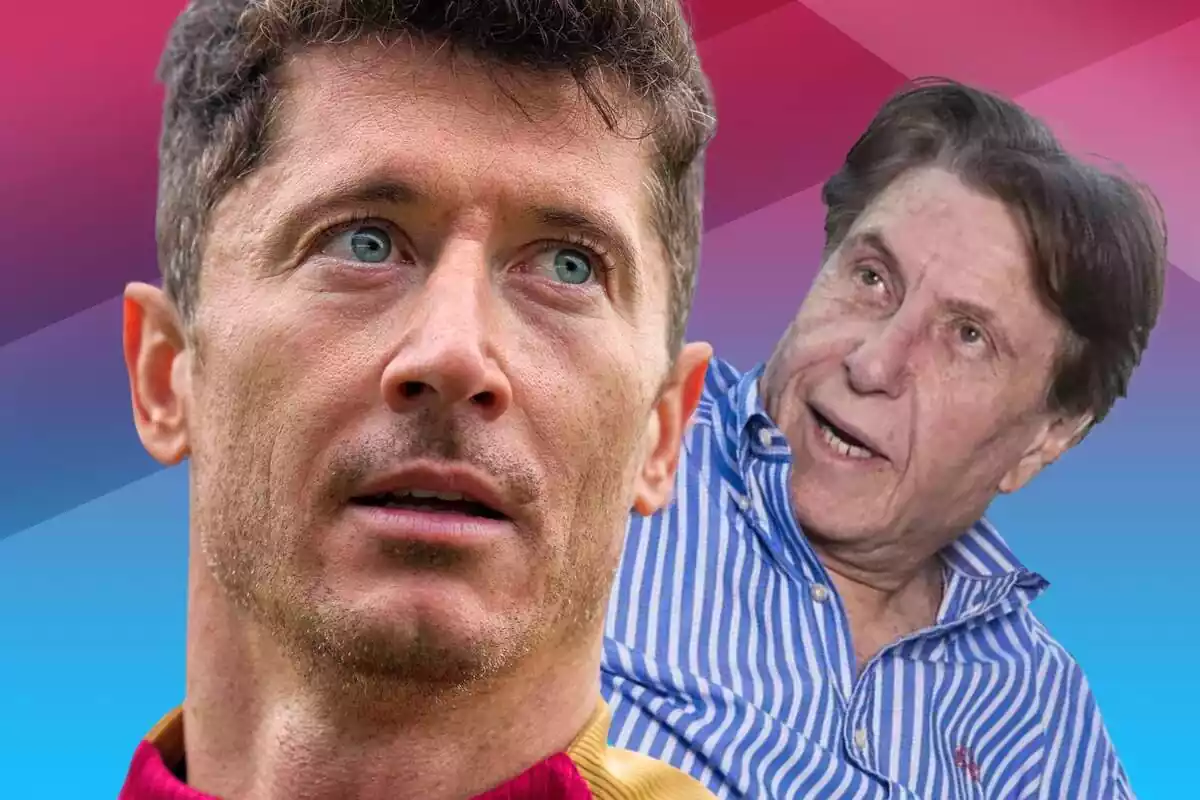 Robert Lewandowski con cara de incredulidad junto a Pini Zahavi mirando desde atrás