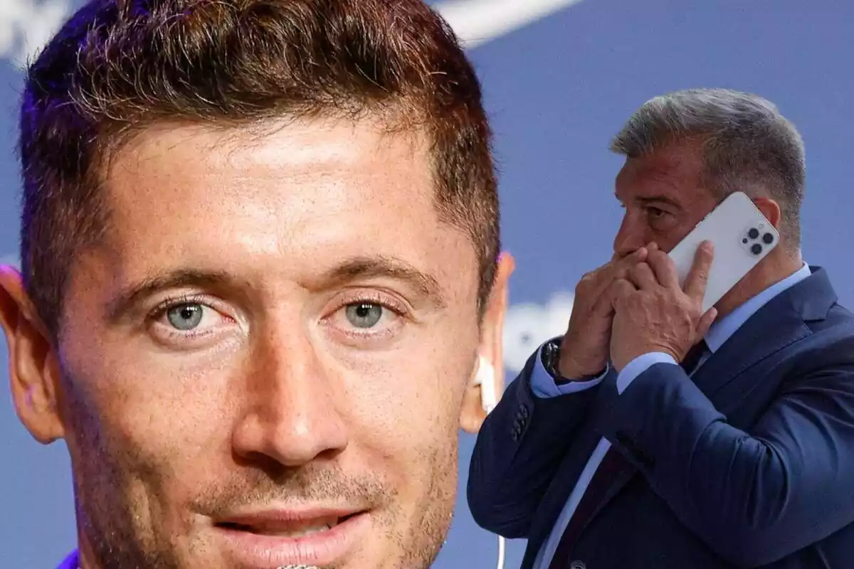 Primer plano de Lewandowski mirando a cámara y Joan Laporta llamando por teléfono